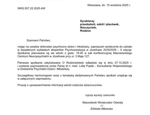 X edycja psychoedukacji w Józefowie 2025/2026- pismo Mazowieckiego Wicekuratora Oświaty